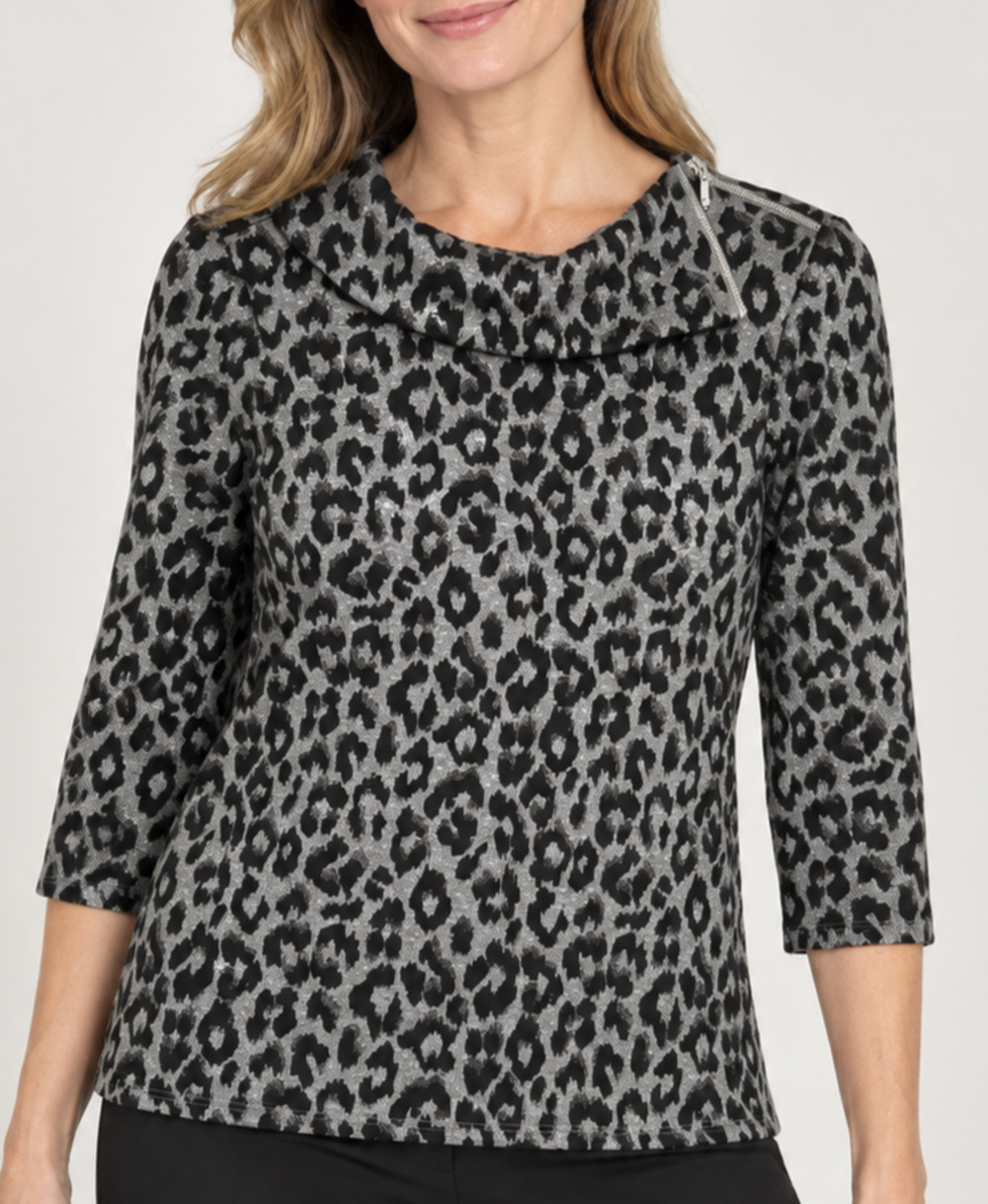 Chico's Metallic Leopard Top 0 Small Gray Black Zip Cowl Neck 3/4 Sleeve
